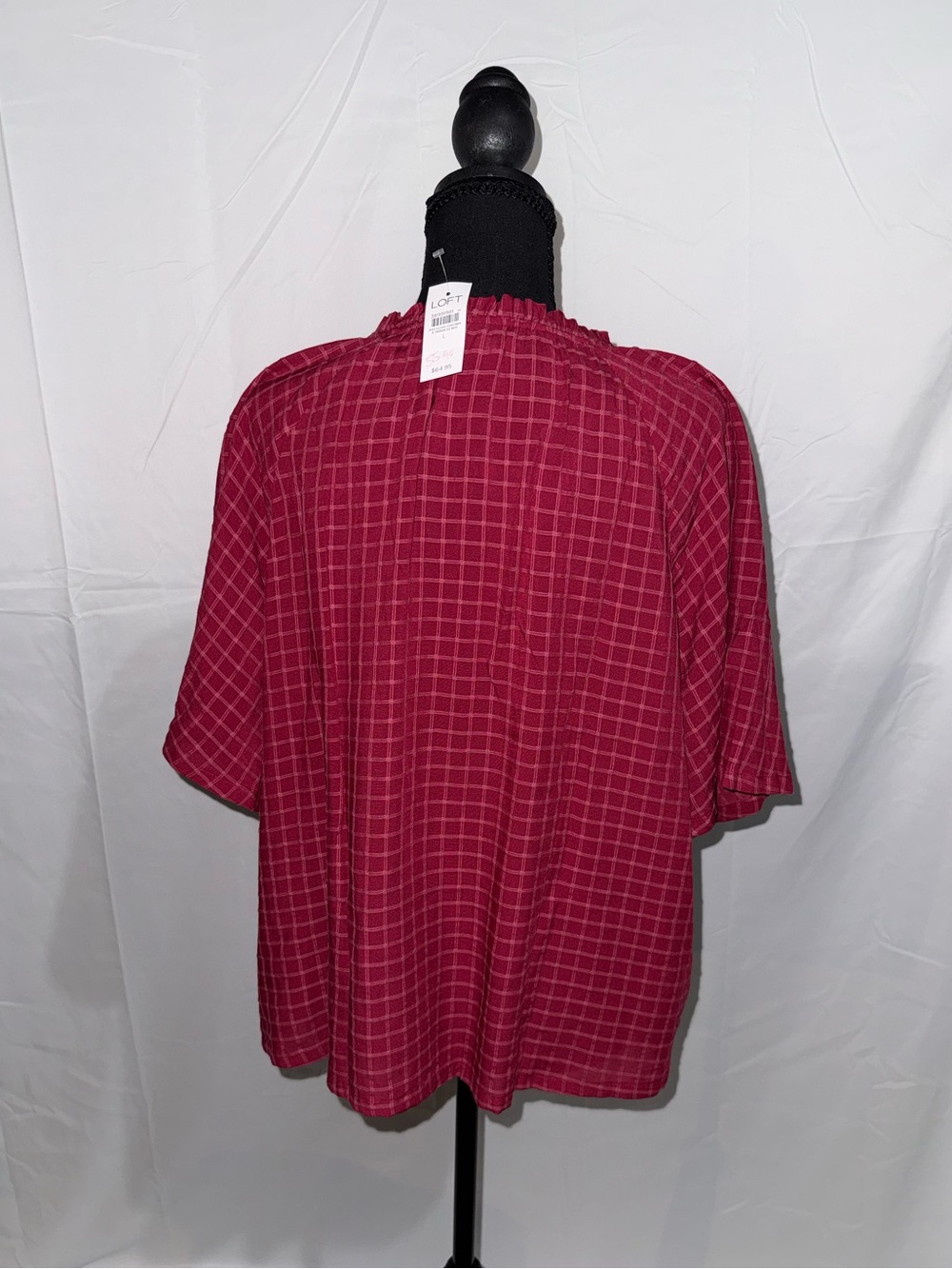 New Loft Women’s Red Checked Ruffle-Neck Blouse - Picture 2 of 5